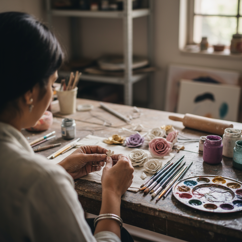 An artist meticulously crafting handmade clay flowers at a workspace filled with tools, paint, and floral creations.